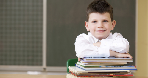 Portrait of smiling schoolboy in classroom