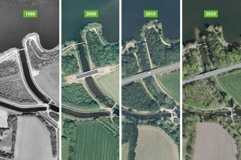 De luchtfoto's laten zien hoe de inham de afgelopen 30 jaar is dichtgeslibd.